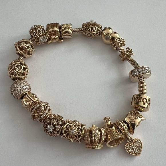 Authentic New Pandora 14k Gold and Diamond Charm Bracelet - Picture 1 of 17